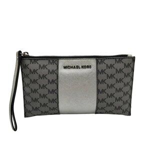 Michael Kors Silver and Gray Pebbled Leather Center Stripe Large Zip Wristlet